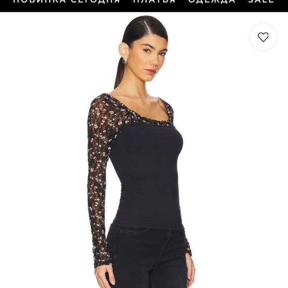 Free People Josie Long Sleeve Top in Black Combo Cotton Jersey Lace Size XL - Picture 4 of 16